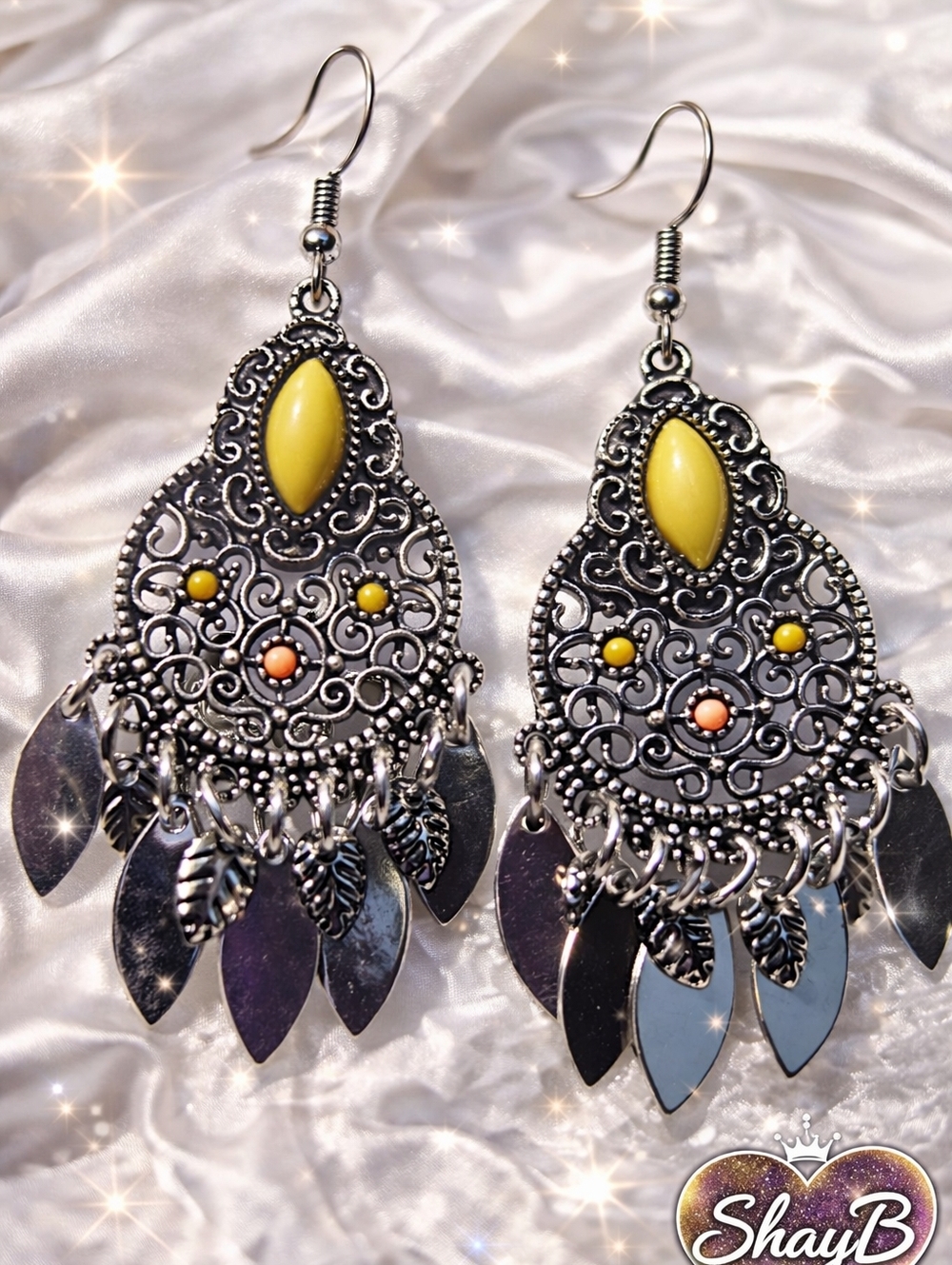 Yellow & Coral Filigree Dangle Earrings - Women's Jewelry